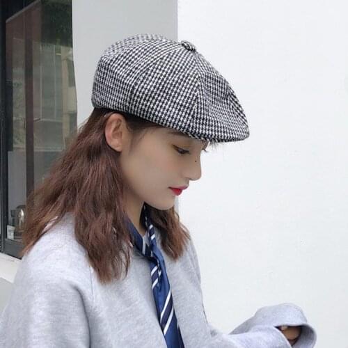 New Style Spring Autumn Tartan Octagon Women Pure Cotton Thin British Style Snapback Street Trend Fashion Painter Beret Cap