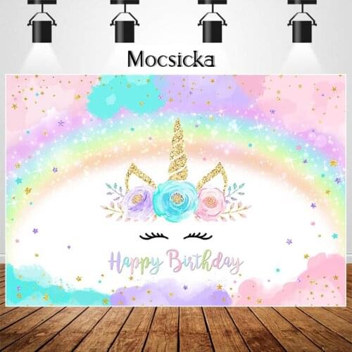 Rainbow Unicorn Backdrop Happy Birthday Party Photography Background Colorful Clouds Glitter Stars Decorations Prop