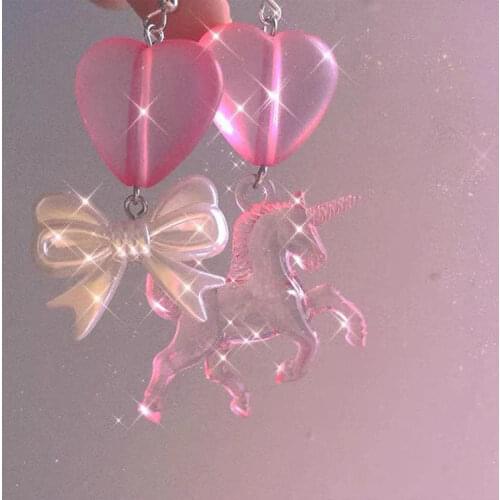 Cute earrings ins sweet mandarin duck pink unicorn earrings European&American long pendant bow ear clip womens earring