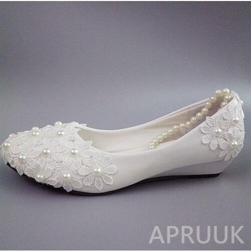 Wedges heel white lace ivory pearl bridal wedding shoes bride tiny heel ankle beading elastic strap bridesmaid flower girl shoe