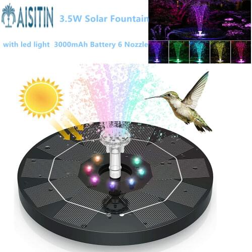 AISITIN 3.5W LED Solar Fountain for Birdbath, Solar Water Fountains with 3000mAh Battery 6 Nozzles, Solar Powered Fountain Pump