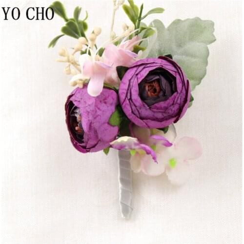 YO CHO Artificial Silk Flowesr Groom Boutonniere Bride Wrist Corsage Bracelets Wedding Hand Flowers Party Suit Boutonieres Decor