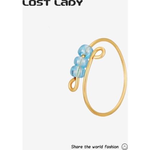 Lost Lady New Bohemian Womens 3 Rice Beads Decorative Rings Opening Adjustable Simple Girls' Daily Jewelry Matching Party Gifts