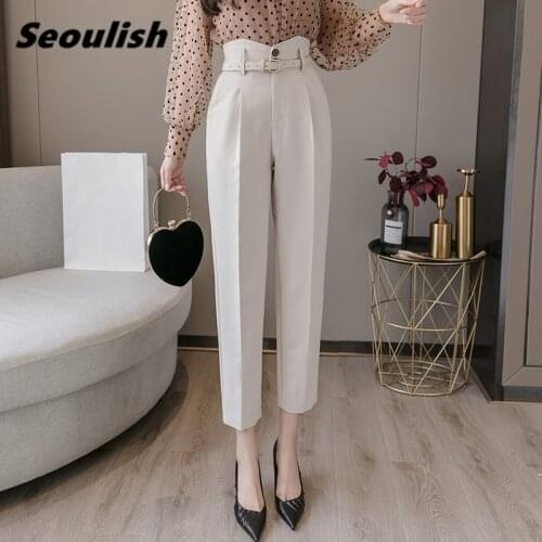 2020 New Spring Korean Style Women Formal Harem Pants with Belt High Waist Elegant Office Lady Ankle-Length Chic Pants Female