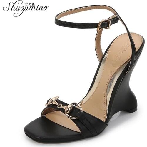 New Wedges Women Shoes 2021 Summer Sexy Sandals Ankle Straps Metal Buckle Comfortable Wedges Open Toe High Heels Female Shoes