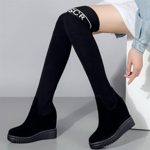 Thigh High Fashion Sneakers Women Genuine Leather Wedges High Heel Motorcycle Boots Female Winter Round Toe Platform Pumps Shoes