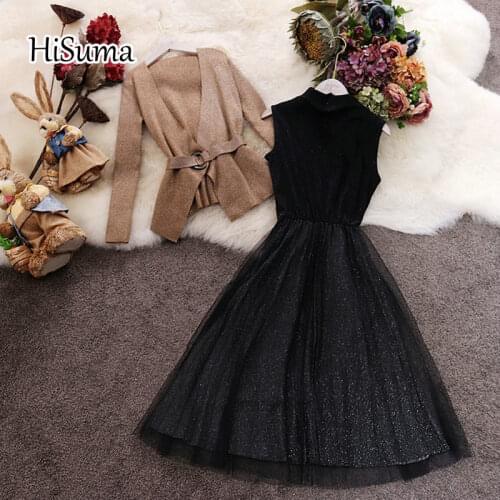 2021 spring new womens V collar long sleeve bling sweater + high collar bright silk knit mesh dress two piece sets female suits