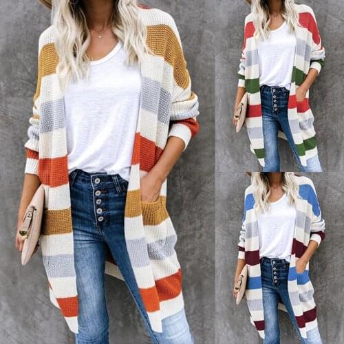 Womens Sweaters Spring Autumn Women Long Striped Sweater Cardigans Casual Jacket Famale V-Neck Knitted Coat Mujer Suéteres