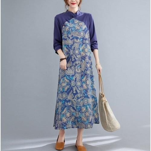 Ladies Elegant A-line Long Dress New Arrival 2021 Autumn Chinese Style Vintage Print Cotton Linen Women Casual Dresses B929