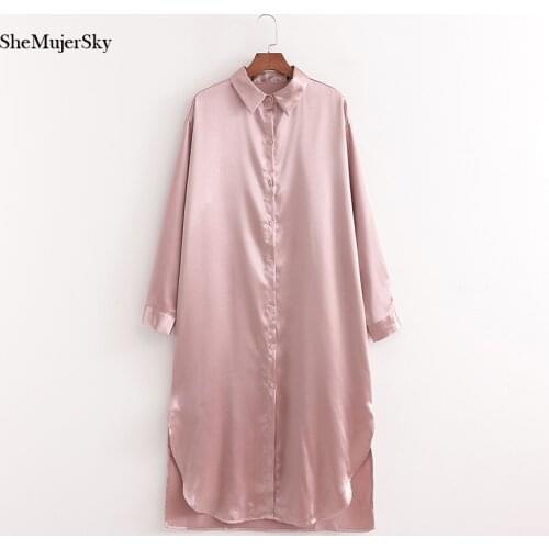 SheMujerSky Women Pink Shirt Dress 2021 Spring Autumn Long Sleeve Turn-down Collar Midi Dresses jurken