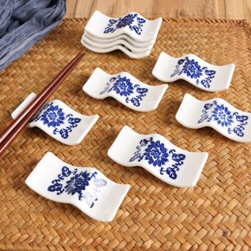 10pcs/set Ceramic Chopstick Holder Blue and White Porcelain Chopstick Rest Rack Fork Spatula Rack Shelf Kitchen Utensil