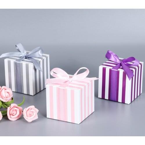 10Pcs Birthday Party Baby Shower Decoration Boxes Ribbon Christmas Paper Gift Box Wedding Supplies Colors stripes Candy Box