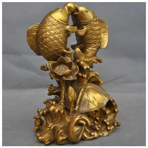 9"China Fengshui Brass Lotus Wealth Lucky Fish ball Auspicious decoration Statue