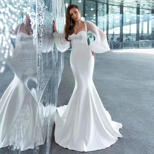 Satin Mermaid Sweetheart Wedding Dress, LightFfitting, Long-Length Pleated Sleeves, Hollow Bridal Gown, Zipper, Large Size, Cust