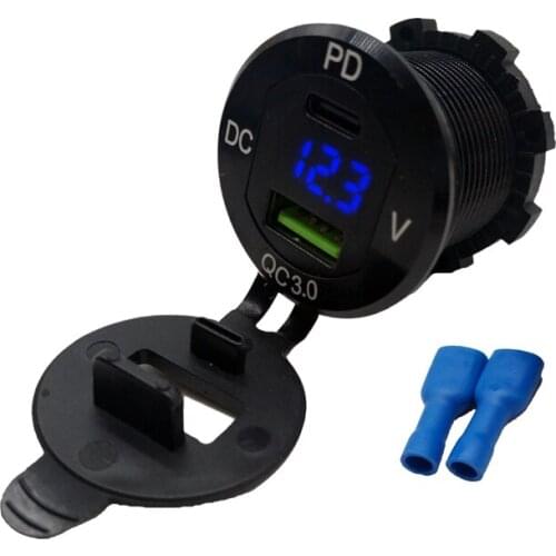 Car Fast PD USB Charger PD QC3.0 Type C Socket With LED Digital Voltmeter Universal Power Outlet
