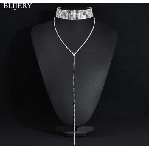 BLIJERY Sexy Silver Color Full Rhinestone Crystal Long Tassel Necklace for Women Statement Choker Necklace Wedding Prom Jewelry