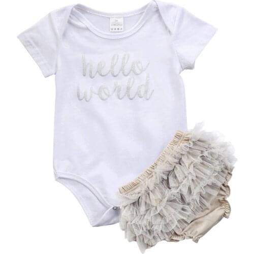 Hello World Print Newborn Baby Girl Clothes 0 3 Months 6 9 12 18 M Baby Summer Romper Girls Clothes Set Ropa Bebe Free Shipping