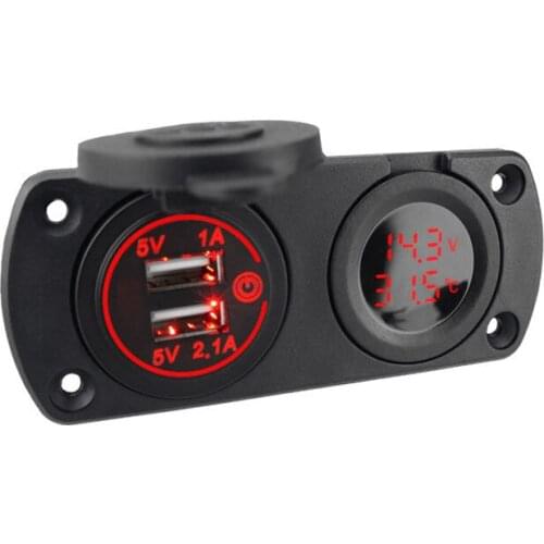 DIY 12V 3.1A Dual USB Ports with Touch Switch Waterproof with Voltmeter and Thermometer for Car Marine Vehicle Motorcycle ATV