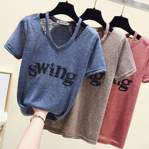 GGRIGHT2021 Letter Tees T shirt Women Clothes Diamond Cotton Korean Casual T-Shirt Summer Tops Black Short Sleeve Y2K Shirt