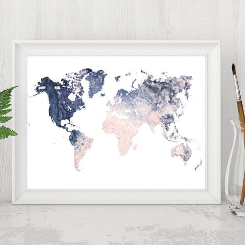 World Map Blush Navy Watercolor Art Painting Traveler Gift Modern World Map Poster Geography Wall Art Canvas Print Home Decor