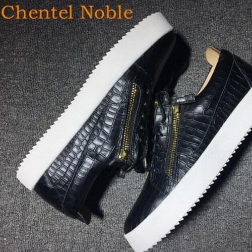 Newest Chentel Comfortable Leather Metal Fashion Men Casual Party Dress Shoes Men Flats Lace-Up Zipper Sneakers Black Color