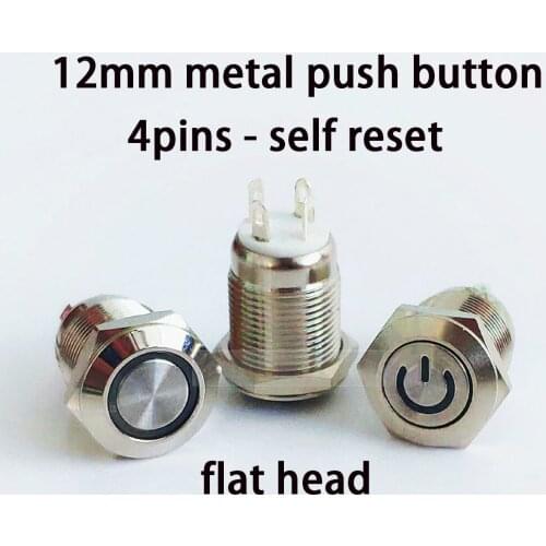 12mm Metal Button Switch Panel Hole momentary Power Push Button flat round Head 4pins LED light Self-Reset waterproof switch