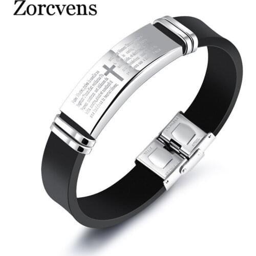 Modyle Brand Classic Cross & Bible Mens Silicone Bracelets Length Adjustable Stainless Steel Male Jewelry