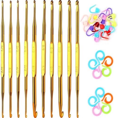 MIUSIE Aluminum Crochet Hook Kit With 10 Pcs Golden Aluminum Crochet Needles Knitting Crochet Markers Ring For Craft DIY