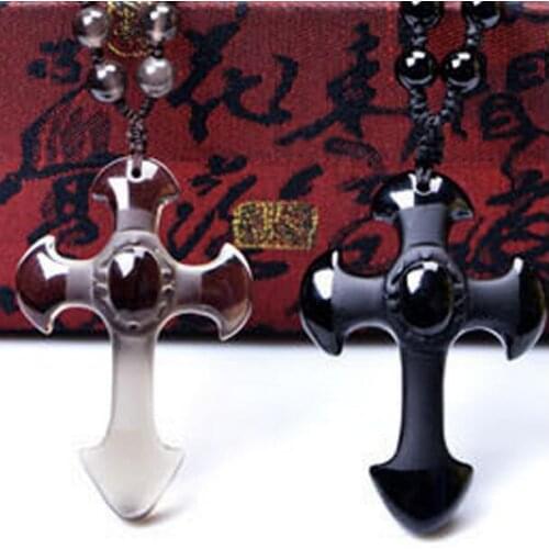 New arrive great Chinese Handwork Black Obsidian Carved Amulet Lucky cross pendant necklace pair