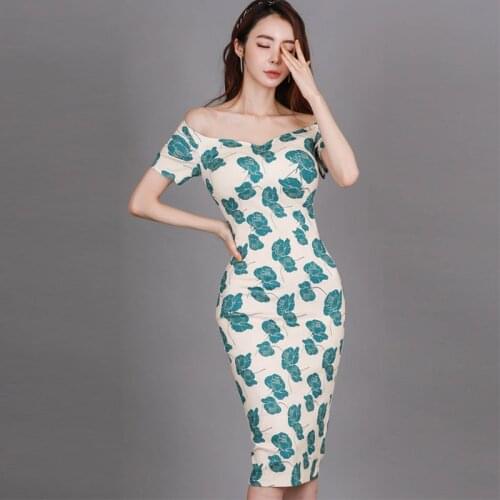 New Arrival Fashion Summer Midi Party Dress Women Dressy Outfits OL Elegant Sexy Off-shoulder Strapless Print Bodycon Dress