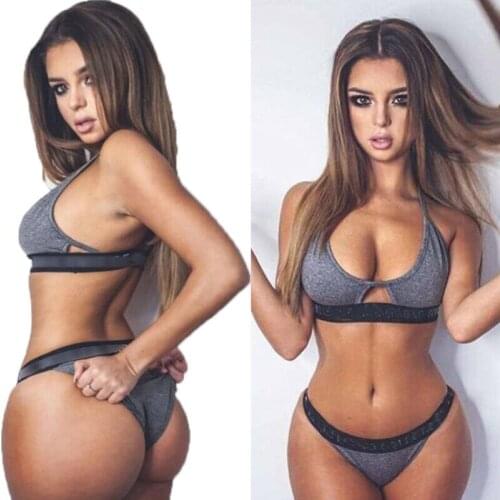 New trendy 2pc Gray Bralette Sports Bra & Boyshort Underwear Set Lingerie Bralette Thong Brief Sets Sportswear HOT Fitness