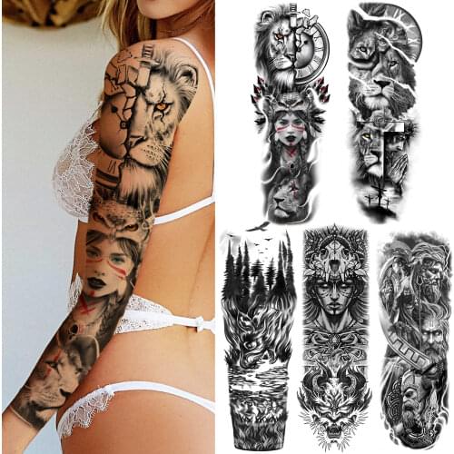 Tribal Lion Compass Temporary Tattoo Sleeve For Women Men Black Cross Tattoo Sticker Warrior Black Dragon Tatoos KIds Boys Girls