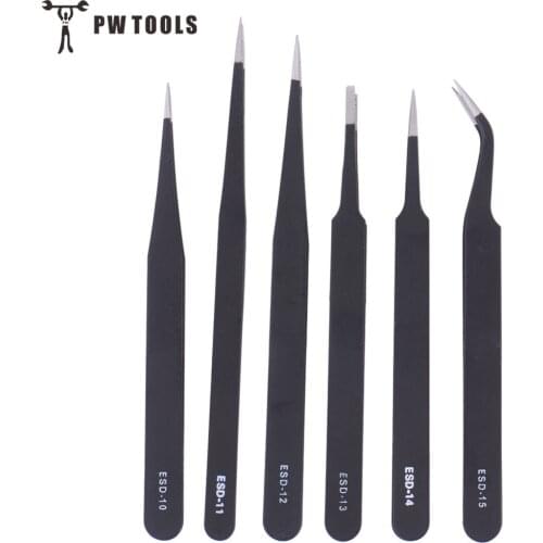 PW TOOLS 6 Pcs/Set Safe Anti-static Stainless Steel Tweezers Repairing Maintenance Tools ESD Multi Function ESD Tools