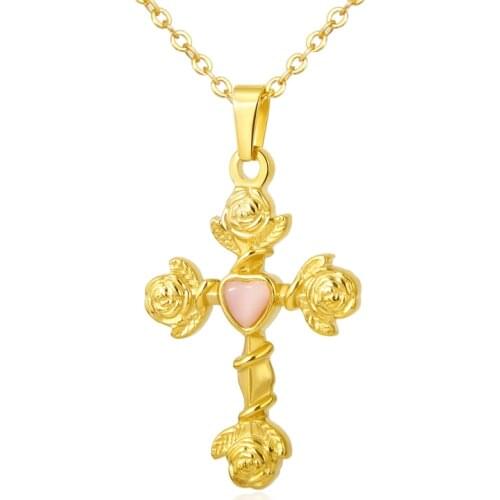 Religious Fashion Jewelry Cross Necklace & Pendant Rose Flower Pink Stone Christian Choker Titanium Steel Necklace For Women