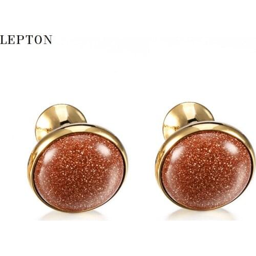 Lepton Luxury goldstone Cufflinks for Men Shirt Cuff Cuff links Gold Color Plated High Quality Round Gold Stone Cufflinks