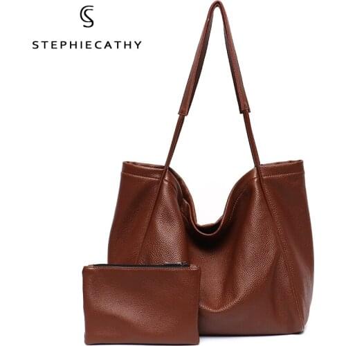 SC Brand Leather Tote Handbag Women Vintage Shoulder Bag Large Capacity Casual Bucket Female Designer Luxury Cowhide Liner Purse