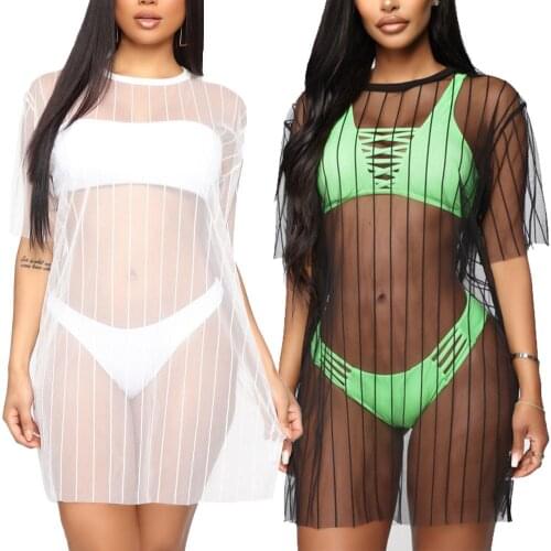 Sexy Women See Through Short Sleeve Cover-up Sunscreen Beach Bikini Cover Dress
