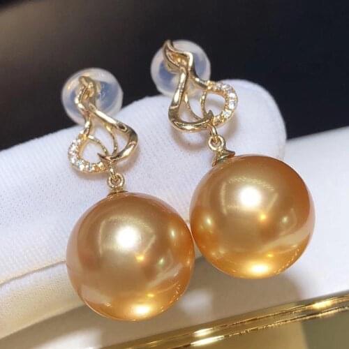 D424 Pearl Earrings Fine Jewelry Solid 18K Gold Almost Round 10-11mm Ocean Sea Water Golden Pearls Drop Dangle Earrings Women