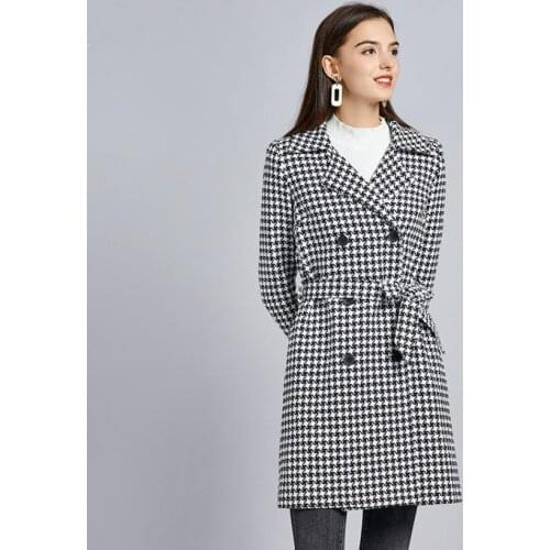 Autumn and winter Houndstooth wool over the knee woolen coat women fashion England style black and white plaid woolen coat F773