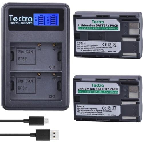 Tectra 2PCS BP-511 BP-511A BP 511 Li-ion Battery +LCD USB Dual Charger for Canon G6 G5 G3 G2 G1 EOS 300D 50D 40D 30D 20D 5D