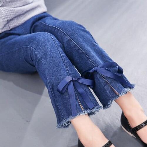 Spring Girls Flared Jeans Childrens Clothing High Waist Blue Elastic Slim Torn Jeans Teen Kids Tight Pants Trousers For Girls