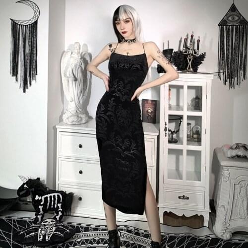 Vintage Elegant Black Long Dress Goth Aesthetic Bodycon High Waist Slit Dresses Harajuku Spagheti Straps Party Dresses Women