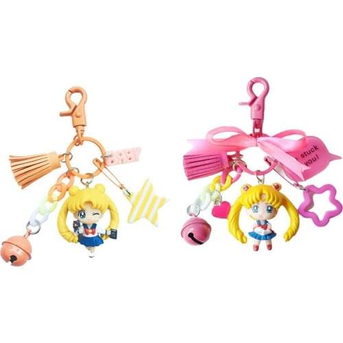 Japanese Anime Sailor Moon Keychains Kawaii Pendants Ornaments Fashion Ring With Bells Fur Pompom Tassel Bags Hangings For Women