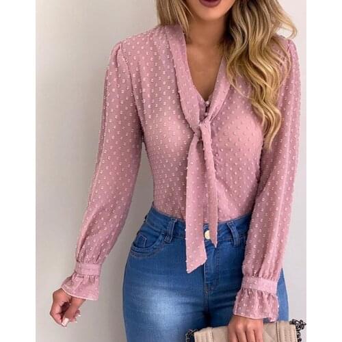 Womens Tops and Blouses Fashion Button Tie Polka Dot Shirt Sexy See Through Top Women Sexy Long Sleeve Shirt Transparent Top