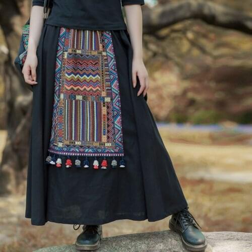 Johnature Women Vintage Patchwork Elastic Waist Skirts 2020 Autumn New Cotton Linen Chinese Style Female Skirts