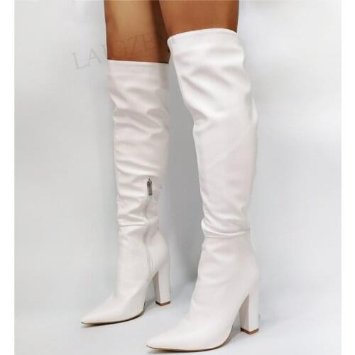 BERZIMER Women Knee High Boots Side Zip Chunky Heels Zapatos Mujer Botas Tall Boots Wedding Prom Shoes Woman Large Size 39 44 47