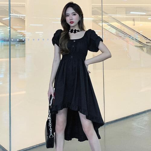 New 2021 Gothic Women Black Summer Dress Square Collar Lolita Princess Irregular Dress Plus Size 4XL Puff Sleeve Chic Dresses
