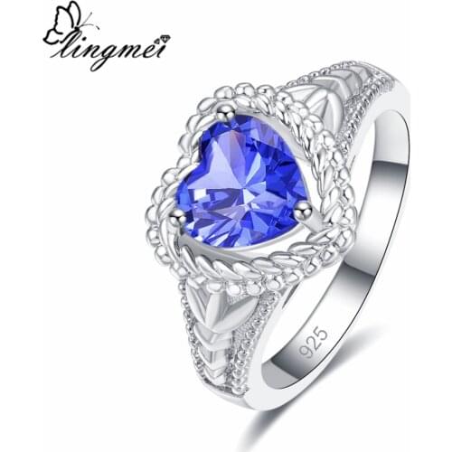 Lingmei Love Heart Eternity Bridal Promise Ring Blue Solitaire Zircon Silver Color Jewelry Ring Size 6-9 Free Shipping Wedding