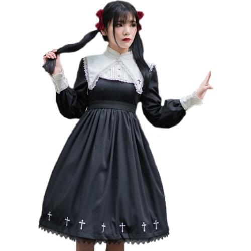 Punk Gothic Lolita Dress Girl Darkness Black Women Monasticism Vintage Full Sleeve Nun Cross Embroidery Halloween Cos Dresses