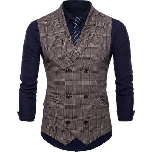 TANG 2019 Fashion Spring Autumn Plus Size Waistcoat Brand Suit Vest Men Jacket Sleeveless Beige Gray Brown Vintage Tweed Vest